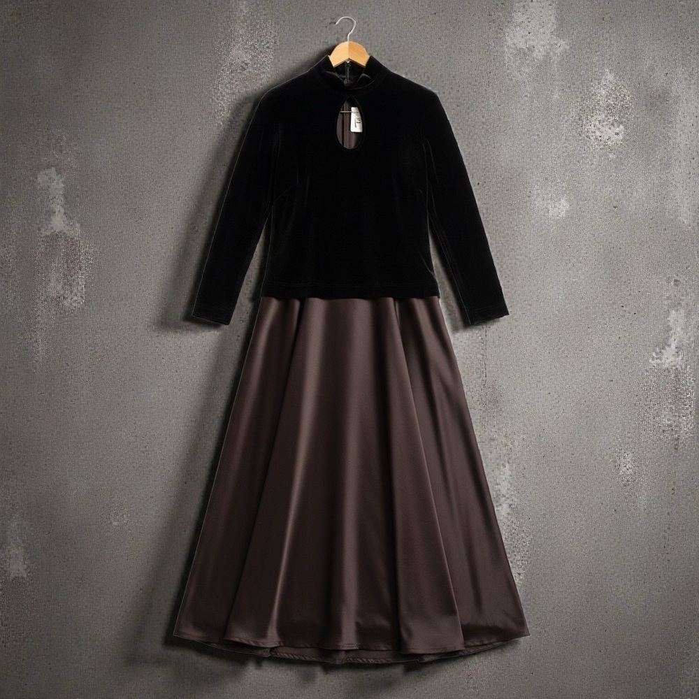 Tadashi Shoji Vintage Velvet Mock Neck Dress Gown 16 Chocolate Brown Black Tie